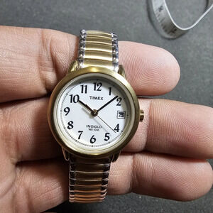 Timex Indiglo Ladies Quartz Watch Silver Gold Tone Date Just White Dial Working